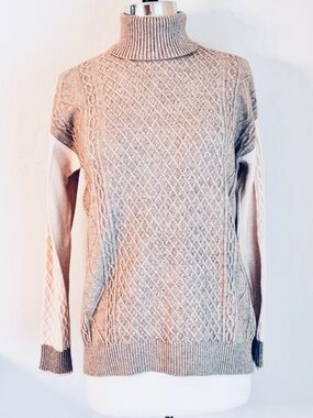 Cyrus Brown Cream Colorblock Mixed Cable Knit Turtleneck Sweater, Sz S